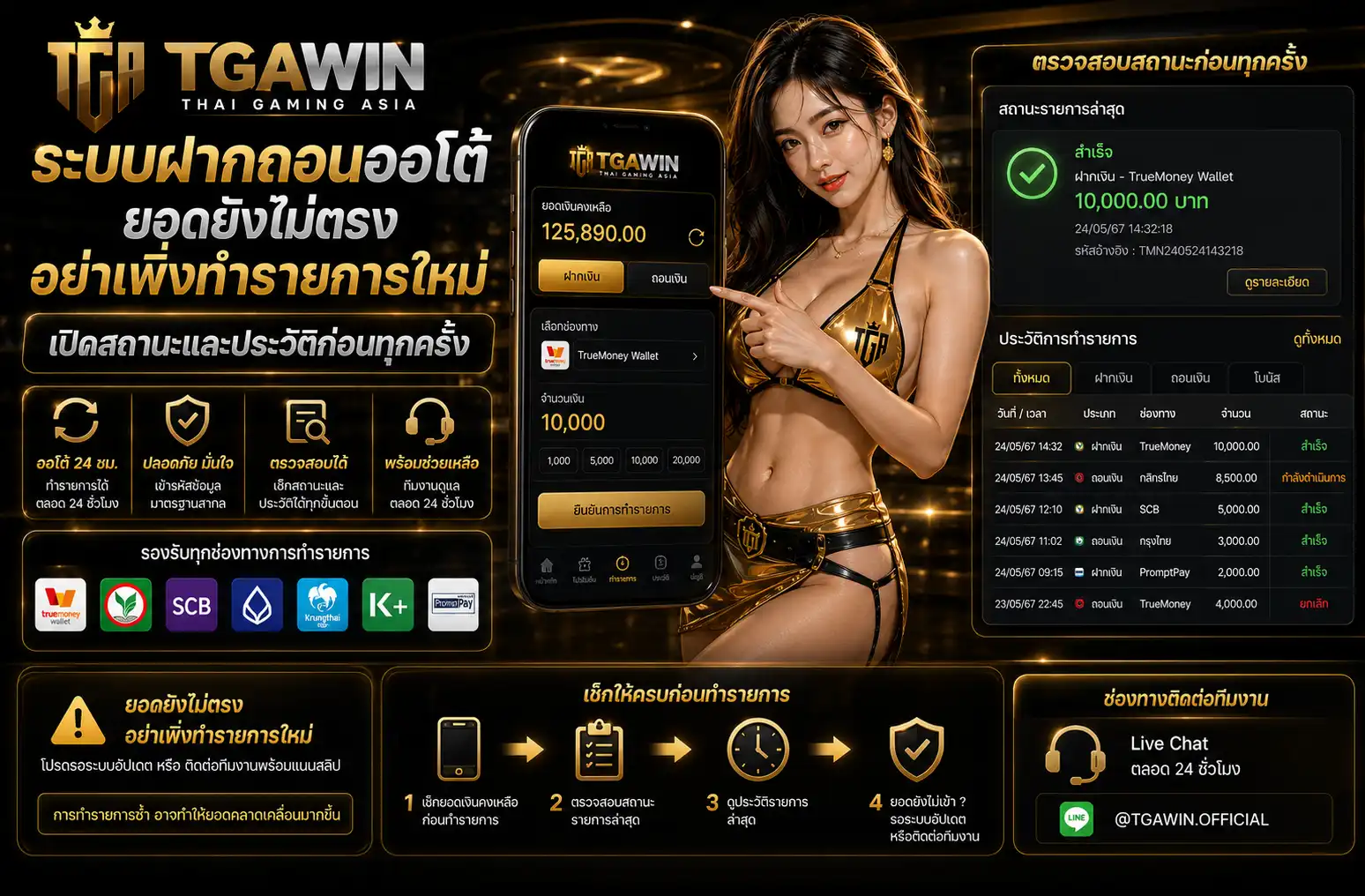 ระบบฝากถอนออโต้ tgawin ยอดยังไม่ตรงอย่าเพิ่งทำรายการใหม่ เปิดสถานะและประวัติก่อนทุกครั้ง